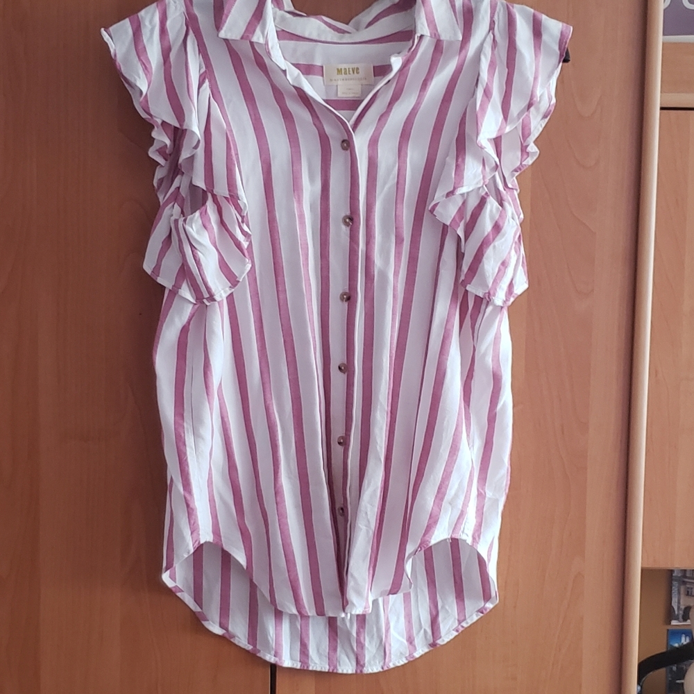 Anthropologie MAEVE Fairhope Striped Button Down Ruffle Sleeve Blouse Top